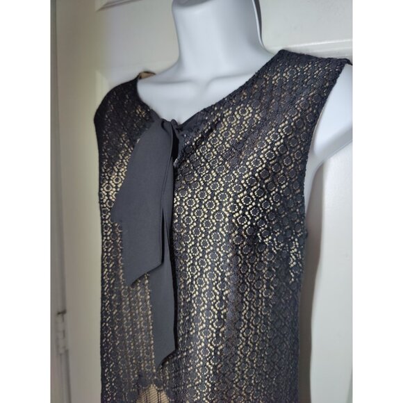 Cece Black Floral Lace Sleeveless Mini Shift Dress W Chiffon Neck Tie 8 - Picture 3 of 7